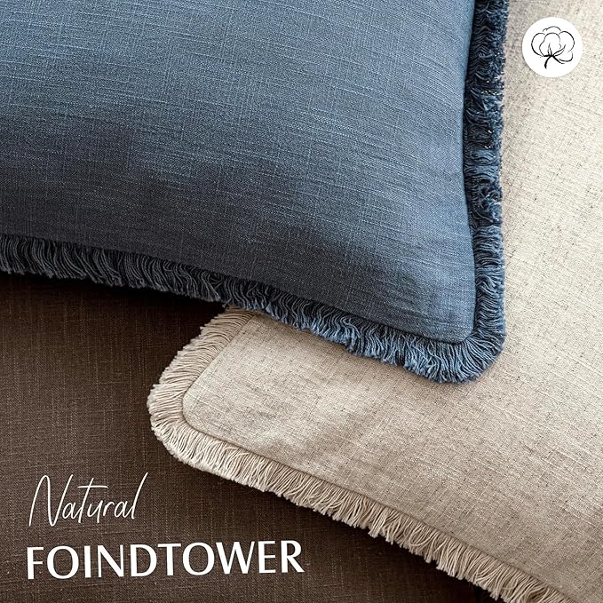 Foindtower Set of 2 Decorative Linen Fringe Throw Pillow Covers Cozy Farmhouse Cushion Cover with Tassels Accent Pillowcase for Couch Chair Sofa Bed Living Room Home Decor,16×16 Inch,Dark Blue