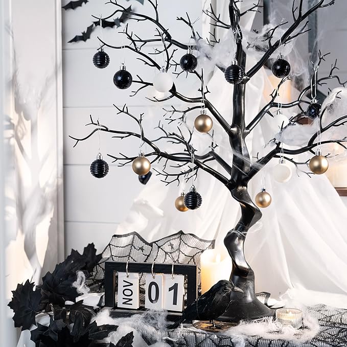 Valery Madelyn 1.57 Inches Small Christmas Tree Decorations Ornament Set for 4th of July Fall Halloween, 24ct Black White Gold Shatterproof Hanging Ball Ornaments Holiday Party Decor