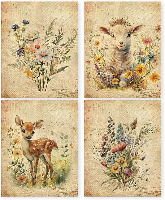 HRQKO Vintage Wildflower Animal Wall Art Poster Prints Set of 4, Botanical Wall Art, Wildflower Artwork Printing Posters Wall Decor, Farm Deer Lamb Decor for Living Room Bedroom 8”x10” Unframed