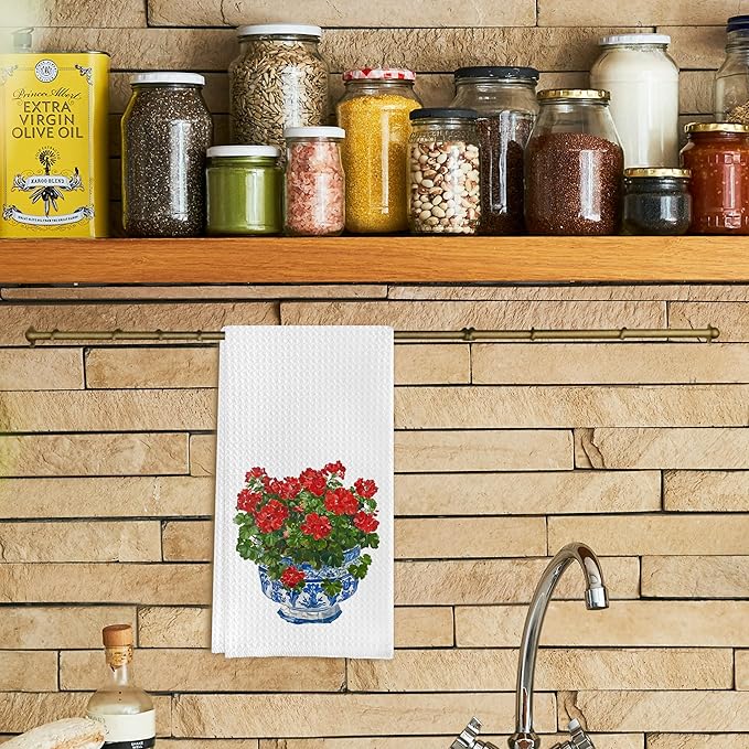 Chinoiserie Blue and White Geranium Porcelain Towels - Kitchen Dish & Bath Hand Towels (16x24 Inches, 8)