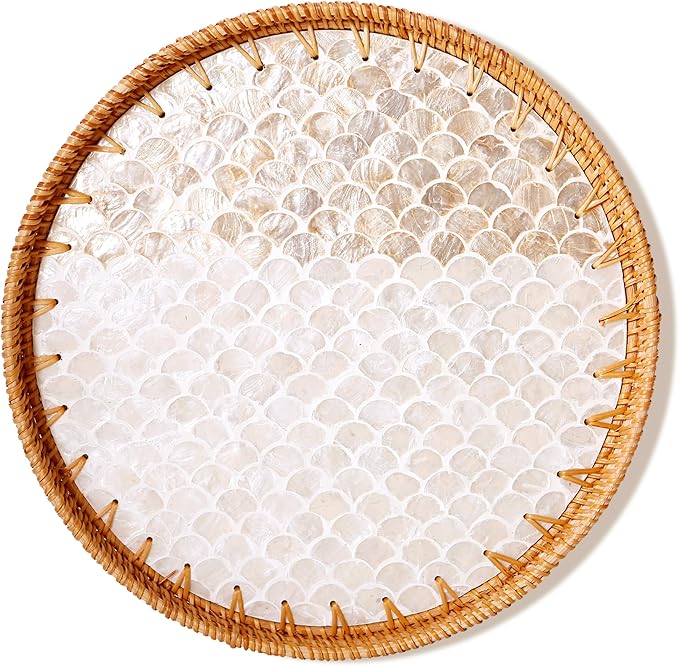 Round Rattan Tray with Mother of Pearl Inlay & Wooden Base - Decorative Wicker Serving Tray for Coffee/Bread/Fruits, Food Storage & Display - Multipurpose Home Decor (L,Fish Scales)