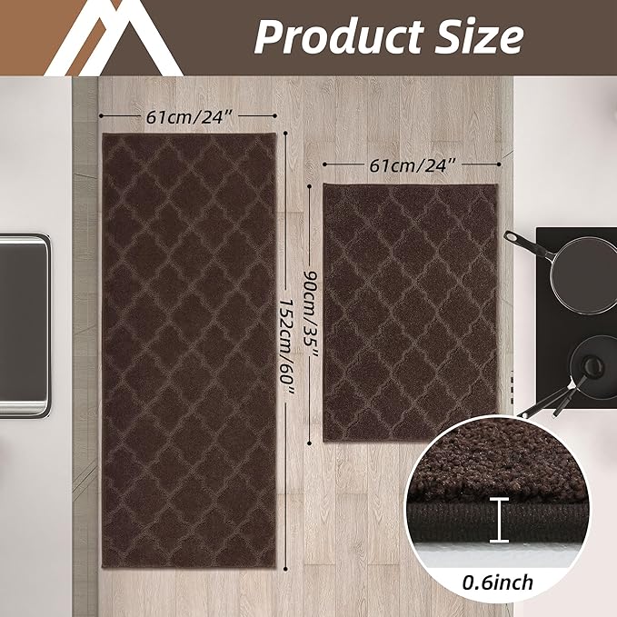 COSY HOMEER Soft Kitchen Rugs [2 PCS] for in Front of Sink Super Absorbent Kitchen Floor Mats and Mats 24x35 Inch/24X60 Non-Skid Kitchen Mat Standing Mat Washable,Polyester,Brown