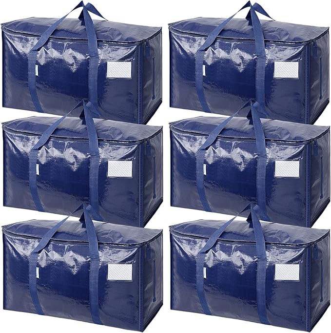 TICONN 6 Pack Extra Large Moving Bags with Zippers & Carrying Handles, Heavy-Duty Storage Tote Moving Boxes for Space Saving (6 Pack, Navy)