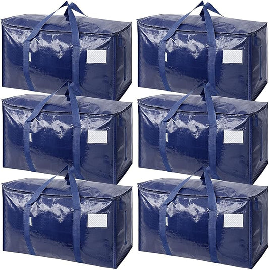 TICONN 6 Pack Extra Large Moving Bags with Zippers & Carrying Handles, Heavy-Duty Storage Tote Moving Boxes for Space Saving (6 Pack, Navy)