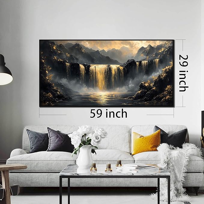 Waterfall Artwork for Wall Living Room - Mountain Pictures Wall Decor for Office - Large Black Framed Wall Art for Bedroom Size 29" x 59"