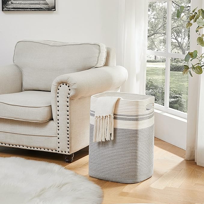 OIAHOMY Laundry Hamper, Tall Cotton Decorative Blanket Storage Basket with Handles for Living room,Collapsible Large Baskets for Toys,Pillows,Clothes Organizer-16x13x22in-Gray