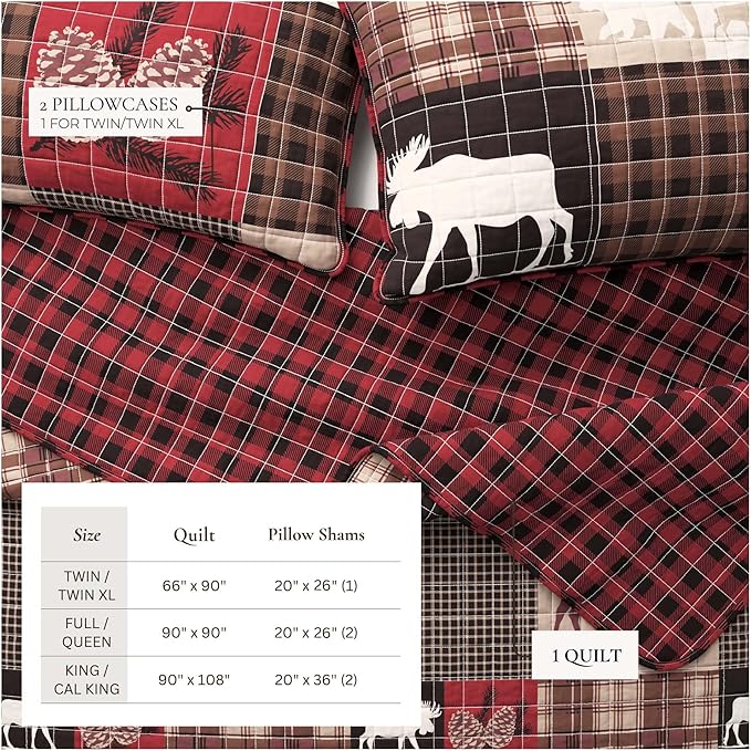 Great Bay Home Rustic Cabin King Size Quilt Set with Shams - All-Season, Lightweight, Reversible Bedspread - Lodge-Themed Summer Bedding Sets (King/California King, Hemlock Red/Brown)