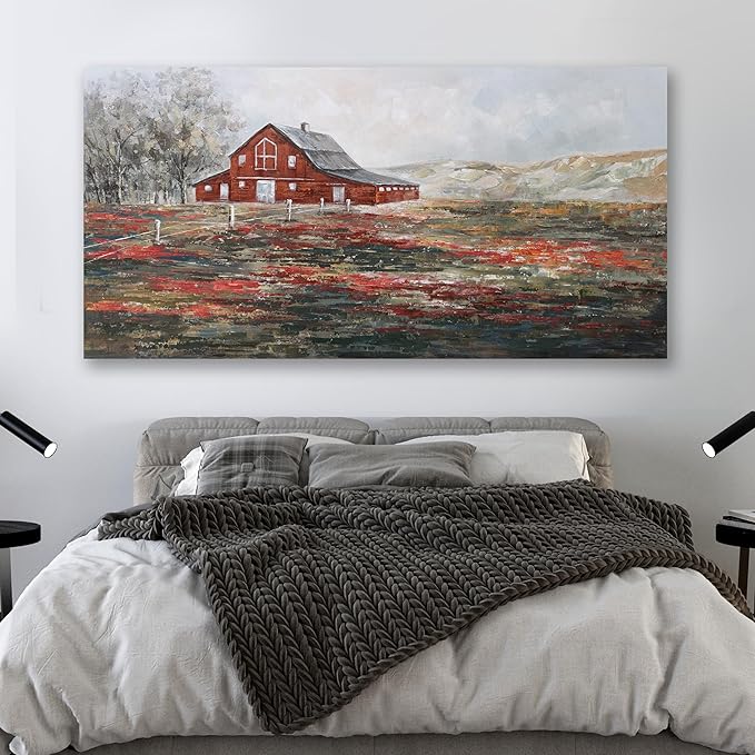 Farmhouse Wall Art Canvas Picture Red Rustic Barn Farm Artwork Decor Country Landscape Panoramic Countryside Rural Nature Scene Painting for Living Room Bedroom Office Decor Wall Decor 24"x48"