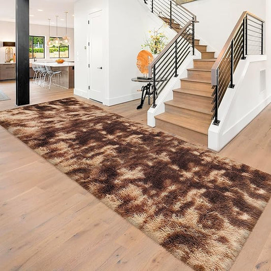 Super Soft Fluffy Living Room Area Rug 3x10 ft Tie-Dyed Brown Shaggy Furry Carpet Washable Non-Slip Floor Rugs Bedroom Bedside Nursery Rug Fuzzy Girls Boy Dorm Home Decor Aesthetic