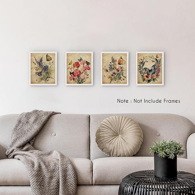 HRQKO Vintage Butterfly Floral Wall Art Poster Prints Set of 4, Floral Wall Art, Retro Wildflower Artwork Printing Posters Wall Decor, Butterfly Flowers Prints for Living Room Bedroom 8”x10” Unframed