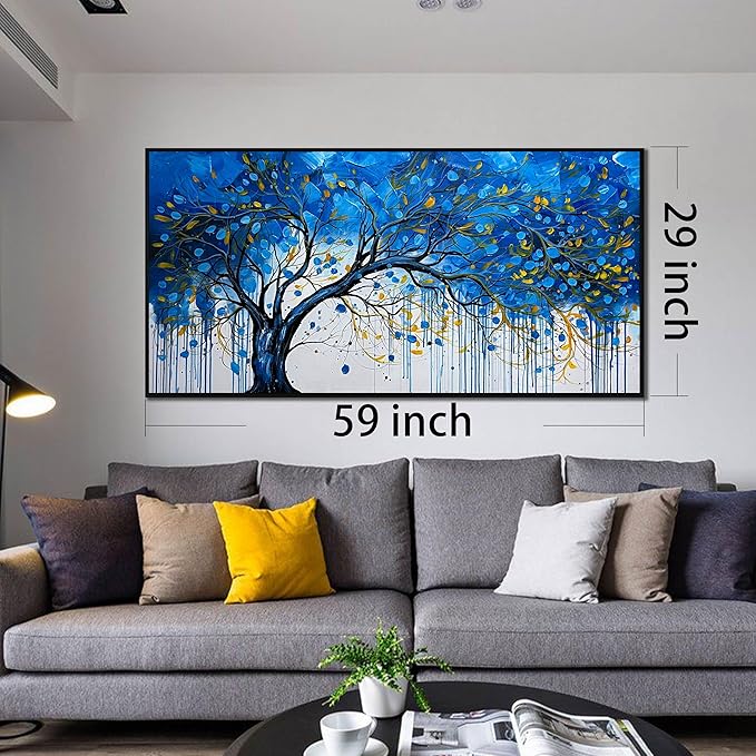 Tree Painting Wall Art for Living Room - Blue Abstract Hand Painted Wall Art for Bedroom - Modern Framed Wall DecoeOffice Size 29" x 59"