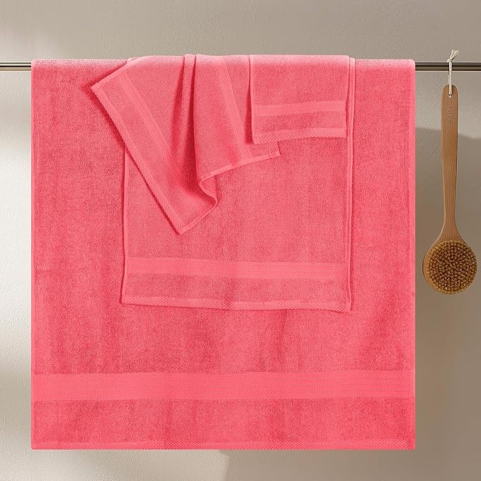 GLAMBURG Ultra Soft 8-Piece Towel Set - 100% Pure Ringspun Cotton, Contains 2 Oversized Bath Towels 27x54, 2 Hand Towels 16x28, 4 Wash Cloths 13x13 - Ideal for Everyday use, Hotel & Spa - Coral Orange