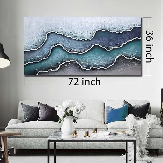 Blue and White Oil Painting Wall Art for Bedroom Beach Canvas Wall Art for Office Extra Large Wall Decor for Living Room Size 36 x 72 Inch