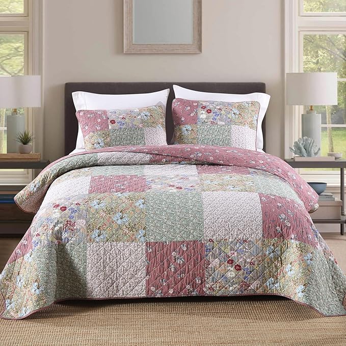 Secgo King Size Comforter Set- 100% Cotton Quilt King Size Set, Green, Sage bedspreads (96 * 108 Inch) with 2 Pillow Shams, Patchwork Reversible Lightweight Bedding