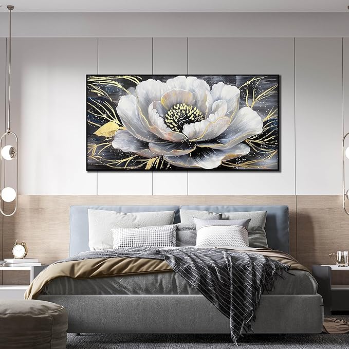 Gold and White Flower Canvas Wall Art for Living Room - Modern Hand Painted Flower Painting - Black Framed Wall Art for Bedroom Size 29" x 59"