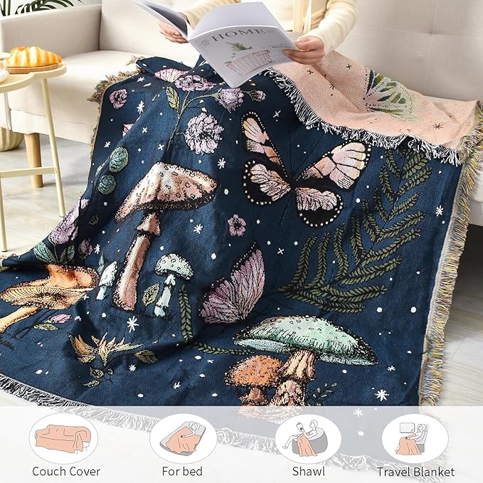 Boho Throw Blanket Reversible Cotton Bohemian Tapestry Hippie Room Decor Double Sided (Mushroom 50"x60")