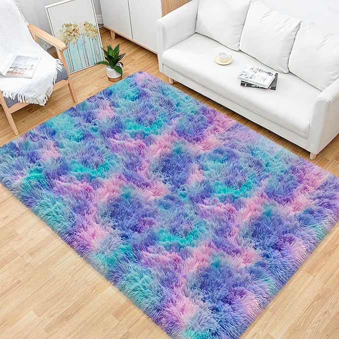 Tie-Dye Purple Rainbow Fluffy Rug for Bedroom 4x6ft Soft Shag Area Rug Mat Bedside Throw Rug for Living Room Kids Room Boys Teens Nursery Baby Dorm Office Home Decor Carpets