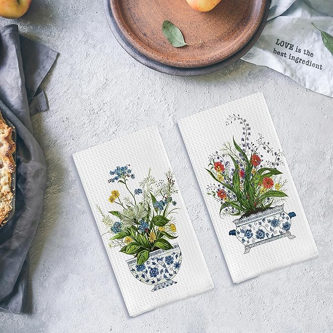 Chinoiserie Floral Kitchen Towels Set of 2 - Retro Flower Chinoiserie Dish Towels for Kitchen, Chinoiserie Kitchen Hand Towels, Chinoiserie Waffle Weave Tea Towels Decorative Set 16 X 24 Inch