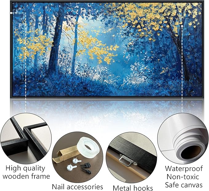 Blue and Gold Canvas Wall Art - Forest Bedroom Wall Art - Tree Wall Pictures for Living Room, Office, or Bedroom - Nature Landscape Canvas Decor Framed Painting 29×58IN