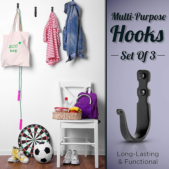 Decorative Hooks for Wall - Metal Wall Hooks for Hanging Coats, Hats & Bags, Rustic Towel Hooks for Bathrooms or Kitchen - Wrought Iron Farmhouse Hangers - Pack of 3, Black - 3.3x2x0.8 Inches