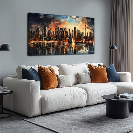 New York Skyline Wall Art for Living Room Modern Canvas Wall Art for Bedroom Above Bed Large Art Work for Office Walls 24 x 48 Inch