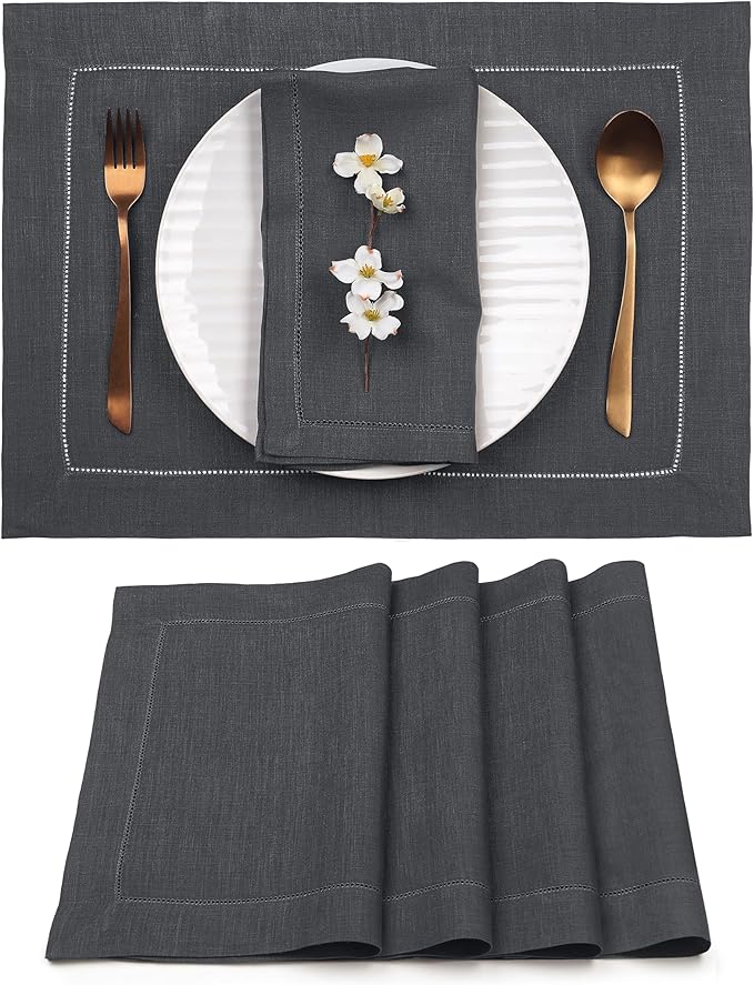 D'Moksha Homes Linen Placemats Set of 4 - Classic Hemstitch Charcoal Grey Placemats 14 x 19 Inch - 100% Pure Linen Table Mats for Fall, Autumn and Halloween - Handcrafted and Machine Washable