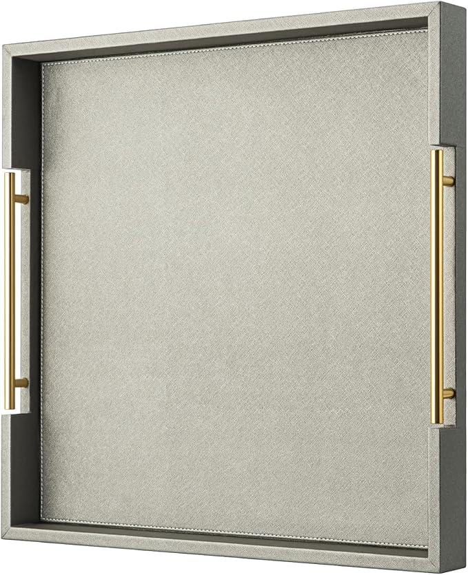 Faux Leather Serving Coffee Tray with Gold Handles,Gray Rectangle Decorative Trays for Home Decor Large Ottoman Tray for Living Room