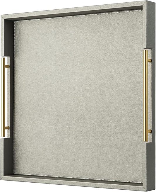 Faux Leather Serving Coffee Tray with Gold Handles,Gray Rectangle Decorative Trays for Home Decor Large Ottoman Tray for Living Room