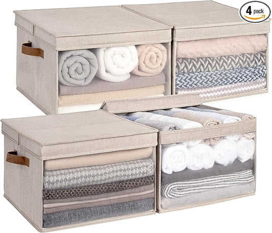 StorageWorks Storage Bins with Lid and Clear Window, Fabric Storage Boxes with Lids, Stackable Basket for Shelves, Closet Organizer and Storage Bins, Brown and Beige, Jumbo, 4-Pack