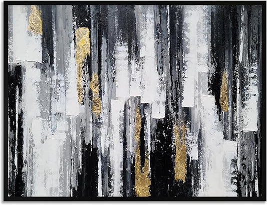 Yihui Arts Framed Black and White Hand Painted Canvas Wall Art with Gold Foil