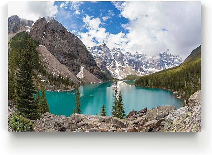 Renditions Gallery Canvas Nature Artwork Banff Valley Snowy Mountaing Range along the Lake Hanging Prints for Living Room Office Walls - 18"X27" LT08