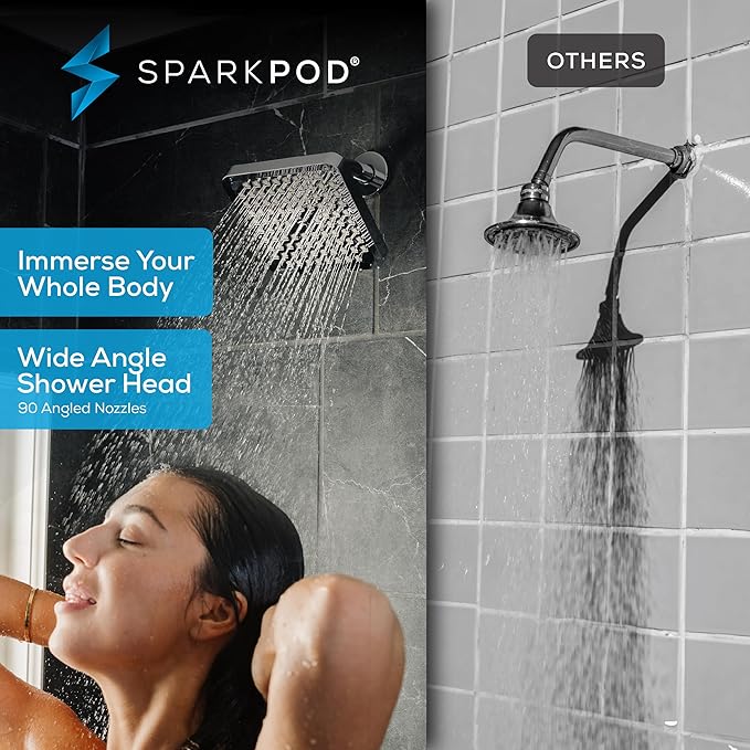 SparkPod Shower Head - High Pressure Rain - Premium Quality Luxury Design - 1-Min Install - Easy Clean Adjustable Replacement for Your Bathroom Shower Heads (Luxury Polished Chrome, 6 Inch Square)