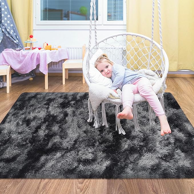 Small Tie-Dyed Area Rug for Bedroom 3x5 Mini Black Grey Fluffy Rug Mat Bedside Throw Rug for Kids Room Boys Teens Nursery Baby Dorm Living Room Home Decor Aesthetic Carpets
