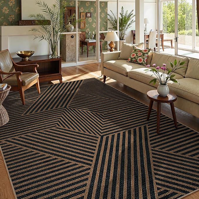 Lahome Modern Geometric Easy Jute Carpet, 6x9 Area Rugs for Living Room Outdoor Patio Washable Indoor Outdoor Dining Room Rug, Farmhouse Large Non Slip Carpet for Bedroom Backyard Office