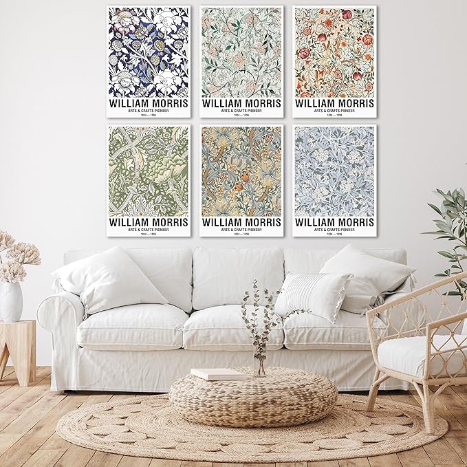 COSCTOR Set of 6 William Morris Wall Art Decor Canvas Framed 6 Pieces Vintage Abstract Minimalist for Bedroom Living Room Bathroom Hallway Home Decoration(Framed, 9x12)