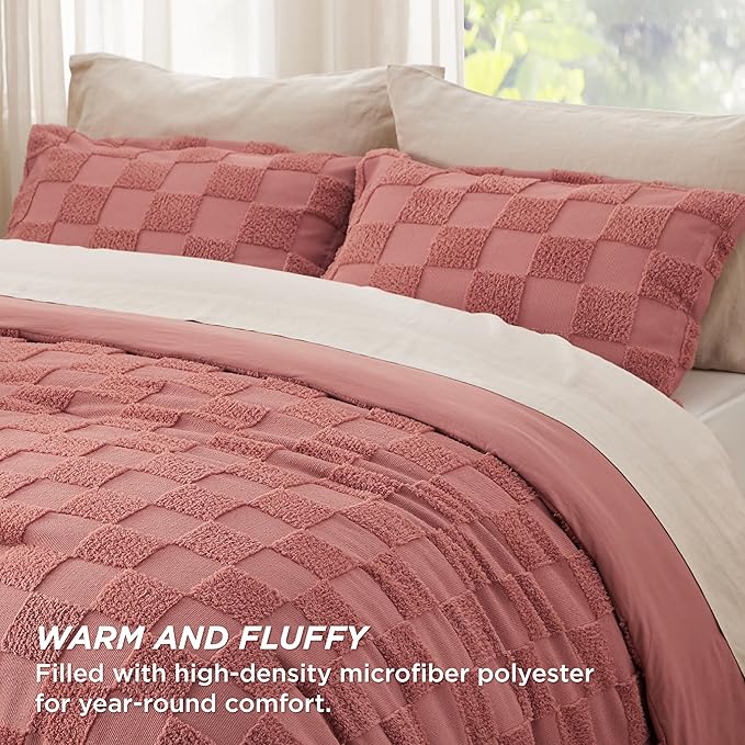 Bedsure King Size Comforter Set Grayish Pink, Boho Tufted Bed Set, Checkered Farmhouse Shabby Chic Bedding, 3 Pieces, 1 Plaid Geometric Comforter and 2 Pillow Shams