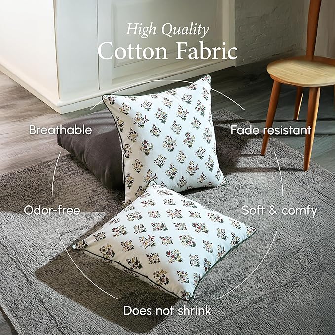 CPC 100% Cotton Throw Pillow Covers 18x18 Inch, Set of 2 Green Block Print Pattern Couch Pillow, Cute Boho Decorative Pillows for Living Room, Bedroom with Hidden Zipper- Fall Green