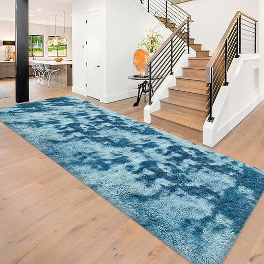 Super Soft Fluffy Living Room Area Rug 3x10 ft Tie-Dyed Light Blue Shaggy Furry Carpet Washable Non-Slip Floor Rugs Bedroom Bedside Nursery Rug Fuzzy Girls Boy Dorm Home Decor Aesthetic