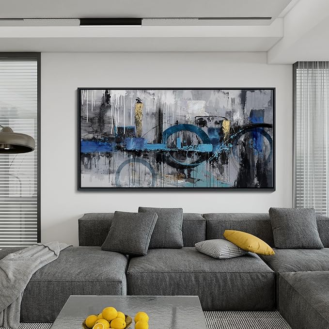 KLAKLA Large Abstract Wall Art Canvas - Blue and Gray Lnk Style Gold City Scenes Wall Decor Living Room Bedroom Decoration Black Frame Picture Artwork for Wall Modern Landscape Wall Decor