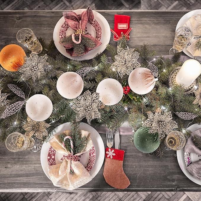 Christmas Tree Ornaments Set Velvet Balls, 15pcs Shatterproof Christmas Bulbs Ornaments for Xmas Tree Decorative Hanging, Vintage Flocked Decoration, 58mm, 2.3in, Multicolor Green Brown Neutral