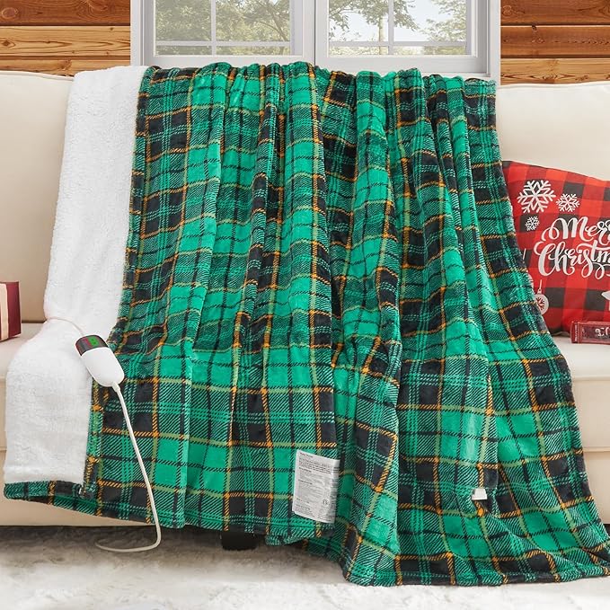 Green Heated Blanket Electric Twin Size 62X84, Christmas Heating Blanket, Plaid Sherpa Winter Blankets Warmer, 10 Heating Levels & 8-Hour Auto Off, Fast Heated House Warming Gifts New Home Decor