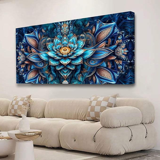Blue Abstract Wall Art Bedroom Wall Decor Living Room,Lotus Flower Pattern of Design Canvas Wall Art Office Farmhouse Paintings Artwork Modern Golden Teal Boho Wall Art Prints Pictures 20 * 40inch