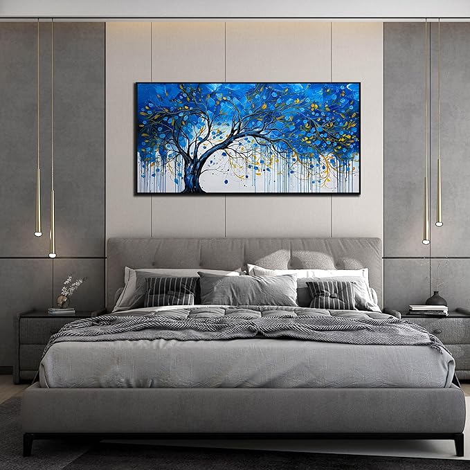 Tree Painting Wall Art for Living Room - Blue Abstract Hand Painted Wall Art for Bedroom - Modern Framed Wall DecoeOffice Size 29" x 59"