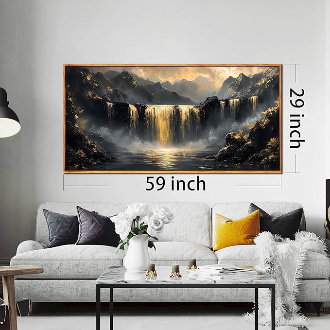 Black Mountain Canvas Wall Art for Bedroom - Gold Waterfall Art Wall Decor for Living Room - Wooden Framed Wall Art for Office Size 29" x 59"