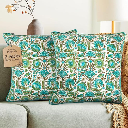CPC Aqua Green Floral Printed Throw Square Cushion Covers - 20x20 Inch 100% Cotton Washable Decorative Couch Pillows Covers for Living Room Bed Sofa and Outdoors Spring, Easter, Valentines Gift