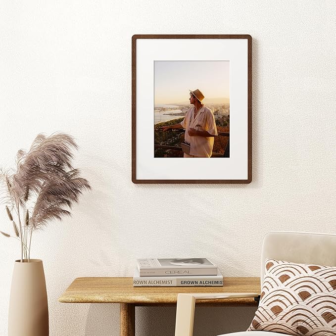 16x20 Picture Frame for Wall, Solid Oak Wood 16 by 20 Frames, 16 x 20 Poster Frame with Tempered Glass, 16x20 Frame Matted to 11x14, 16"x20" Wood Frame for Home Decor, Walnut Color, 3 Pack