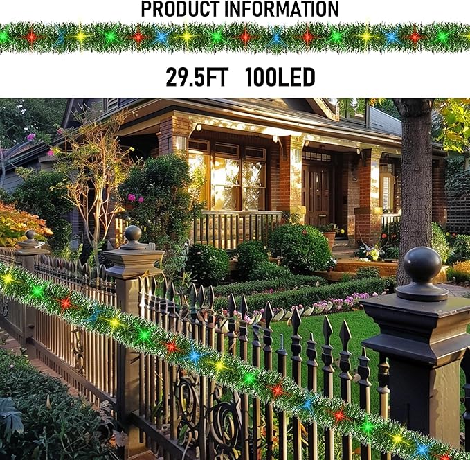 TW SHINE 30 FT Pre-Lit Christmas Garland Decorations, 100 LED Lighted Artificial Pine Garlands with 8 Modes, Green Garland for Indoor Outdoor Door Home Stairs Holiday Decor, Multi-Colored