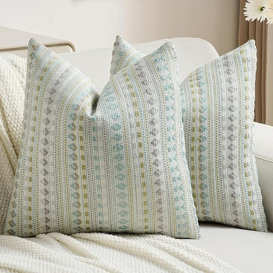 FUTEI Green Blue Decorative Throw Pillow Covers 18x18 Inch Set of 2,Soft Cozy Chenille Jacquard Textured Cushion Case,Boho Home Decor for Couch Bed Living Room