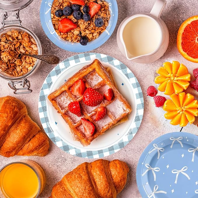 180Pcs Blue Bow Party Supplies Paper Plates and Napkins Serve 60 Disposable Tableware Set for Birthday Party Decorations Game Day Family School Holiday Sports Events