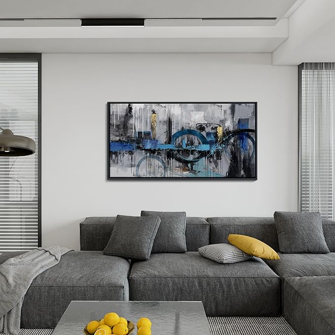 KLAKLA Blue and Gray Abstract Canvas Wall Art - Lnk Style Gold City Scenes Wall Decor Living Room Bedroom Decoration Black Frame Picture Artwork for Wall Modern Landscape Wall Decor